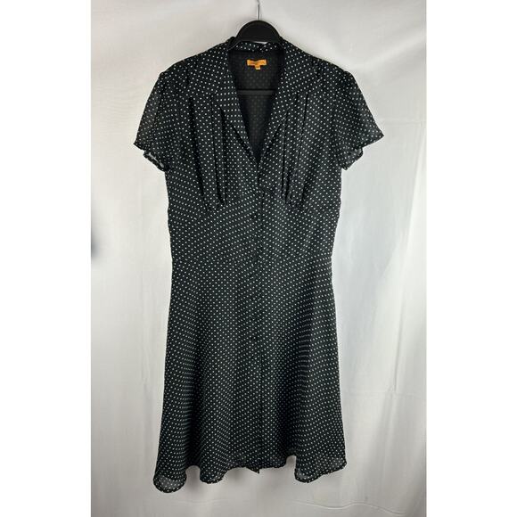 LUCKY 13 Retro Dress Womens Sz 14 Blue Dots Sheer Pinup Rockabilly Button Down - Picture 1 of 6